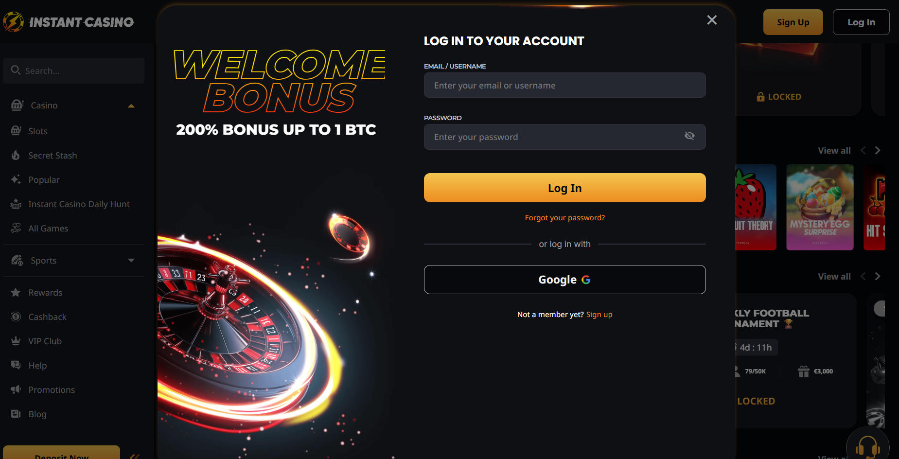 Casino login popup with welcome bonus offer up to 200% up to 1 BTC, secure email and password fields, and Google sign-in option on a dark premium interface.